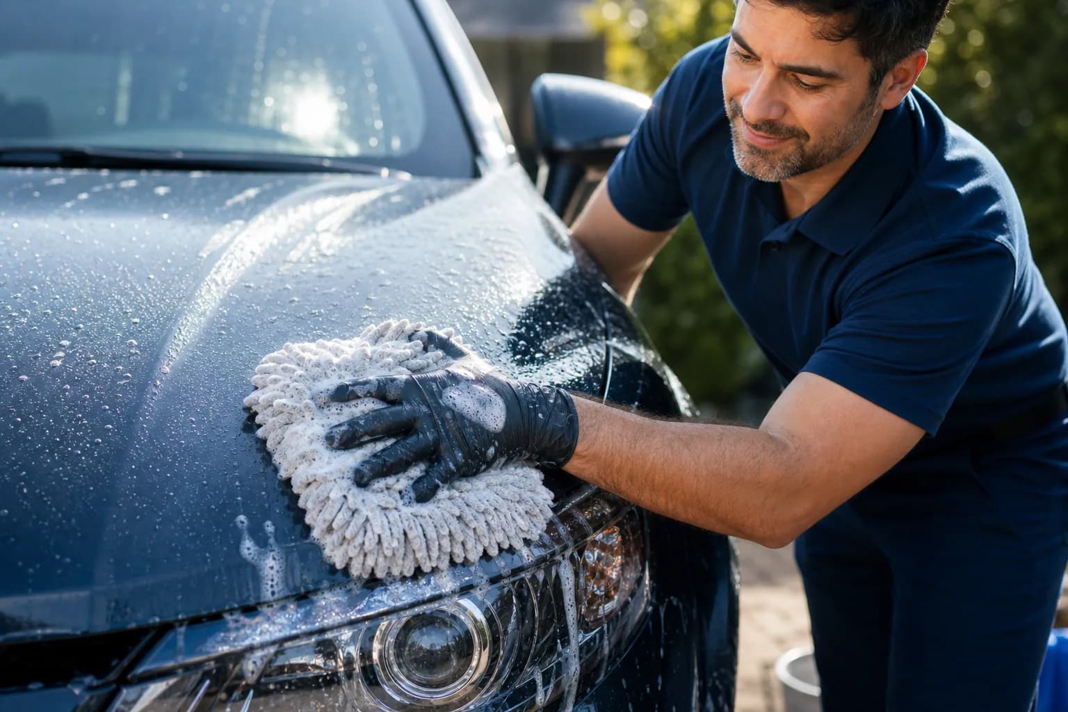Gros plan d'un détailleur mobile Aqualuxe appliquant de la mousse et lavant à la main l'extérieur d'une voiture foncée dans une entrée.