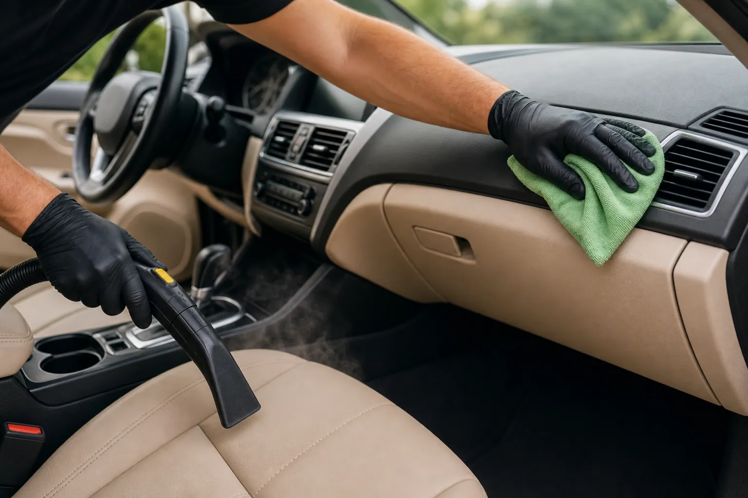 Aqualuxe detailer steam-cleaning and wiping the interior dashboard and seats of a car during a mobile interior shampoo.
