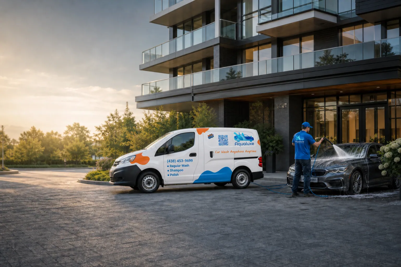 Aqualuxe van and detailer washing a resident's car in front of a premium Montréal condo building