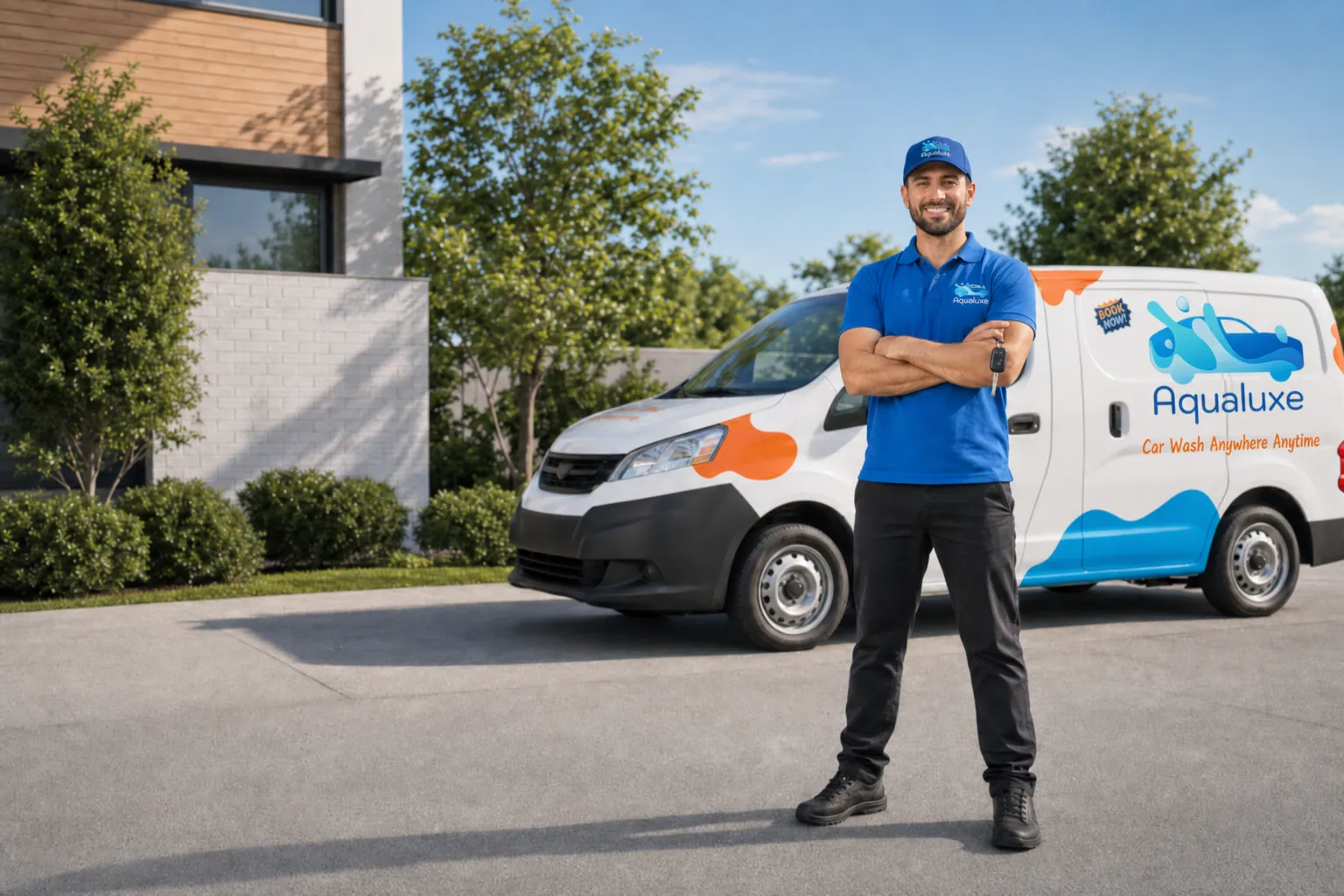 Proud Aqualuxe partner standing with car keys beside his own branded detailing van